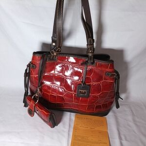 Dooney & Bourke Red Croc-Embossed Shoulder Bag with Dark Brown Trim